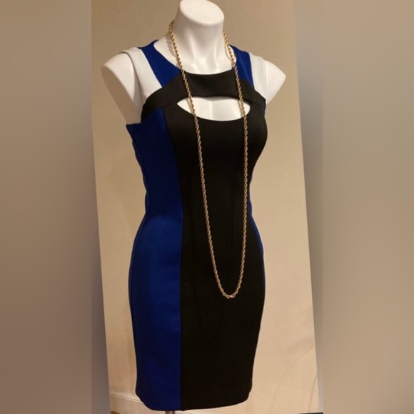Guess Blue & Black Sleeveless Cutout Colorblock Bodycon Dress Sz. 2 - Picture 4 of 15